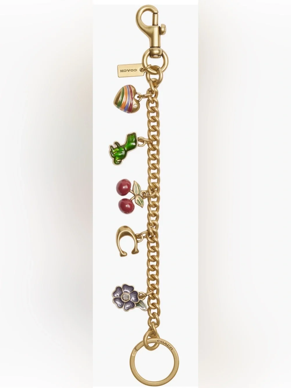 Coach Gold Bag Charm Whimsical W/ Cherry, Green Dinosaur, Heart, C Charms